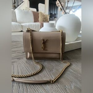 Yves Saint Laurent Tan Gold Shoulder Bag with Iconic Logo